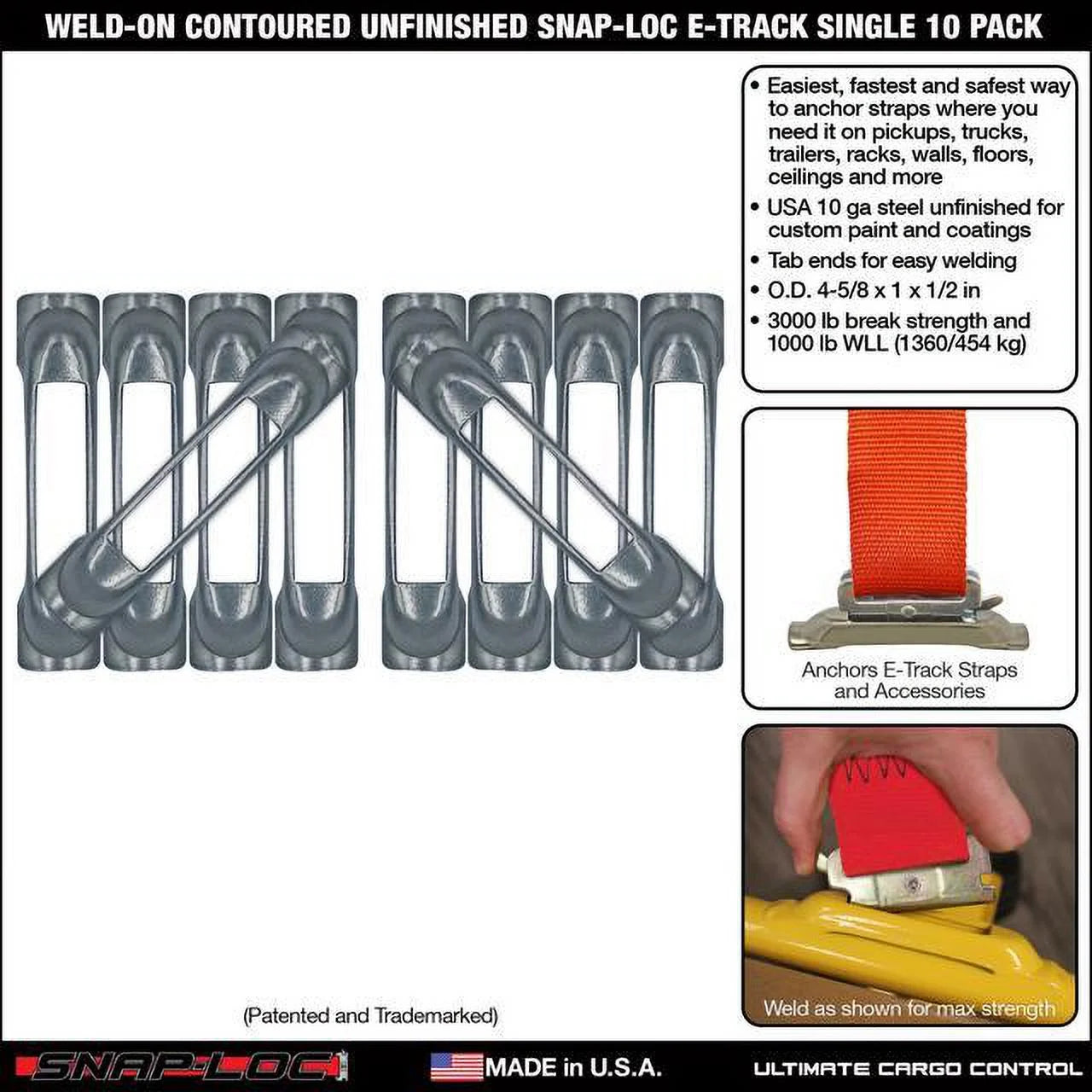 Weld-on contoured unfinished snap-loc e-track single strap anchor 10-pack (zinc rust protection), logistic tie-down for pickups, trucks, trailers