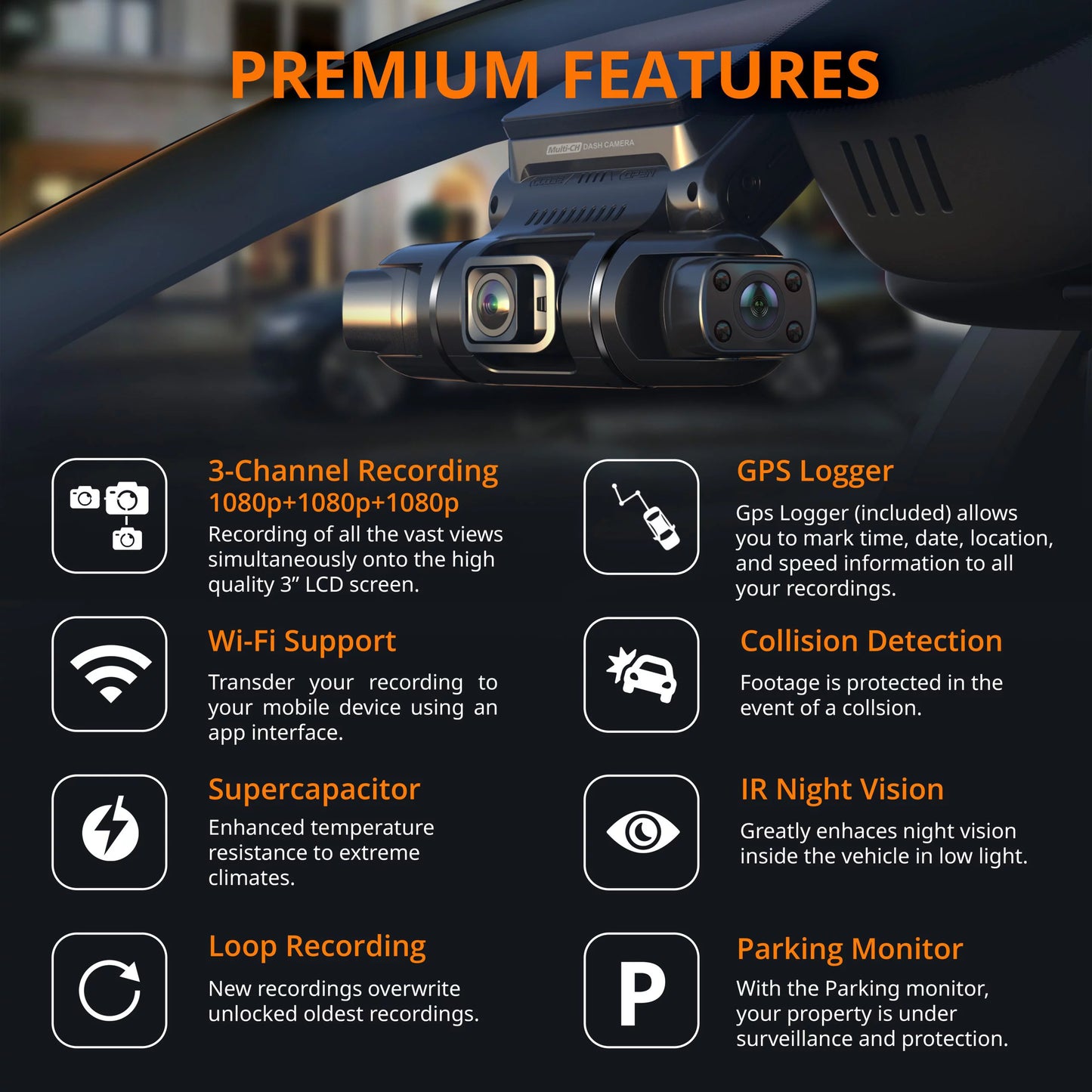 Rexing s3 3-channel dash cam front, cabin, sides 1080p+1080p+1080p