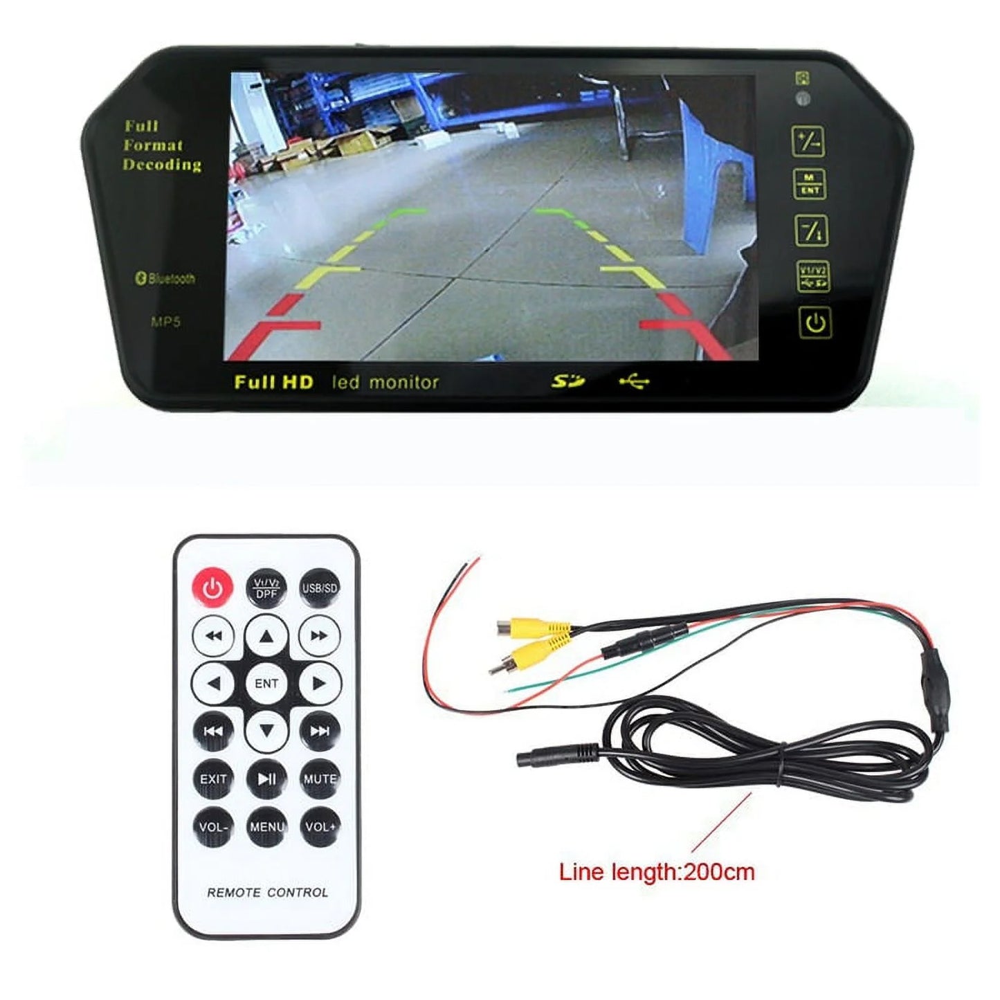 7 inch tft lcd display 800*480 parking system rear view camera mp5 usb/sd/fm car mirror monitor transimitter night vision 12-24v