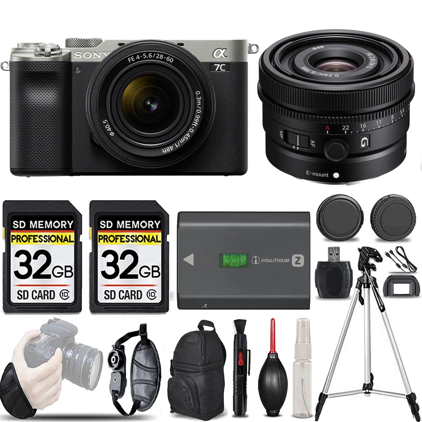 Sony a7c mirrorless camera (silver) with 28-60mm lens+24mm f/2.8 g lens -loaded kit