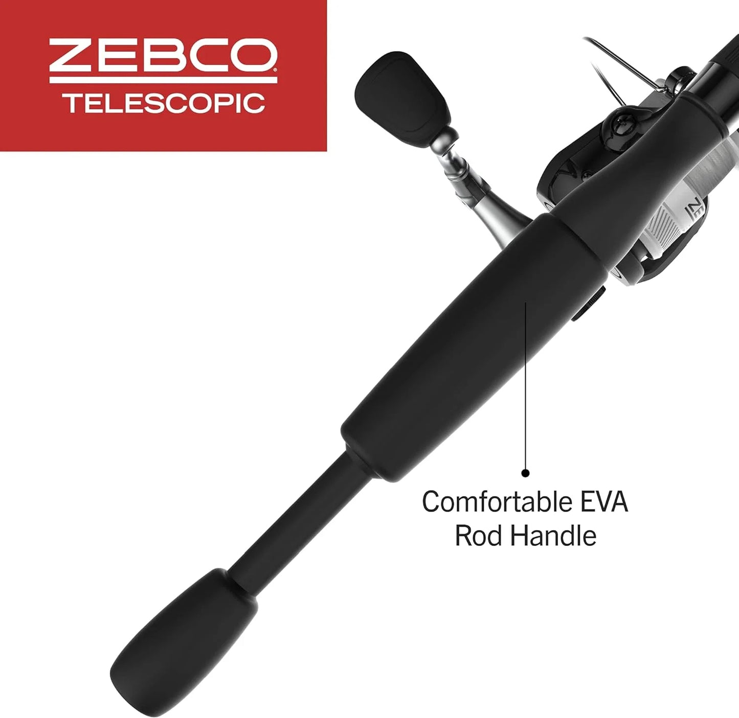 Zebco 33 spinning reel and telescopic fishing rod combo, 6-foot rod, size 30 reel, silver/black