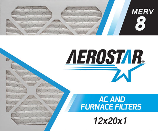 Aerostar 12x20x1 merv  8, pleated air filter, 12x20x1, box of 6, made in the usa