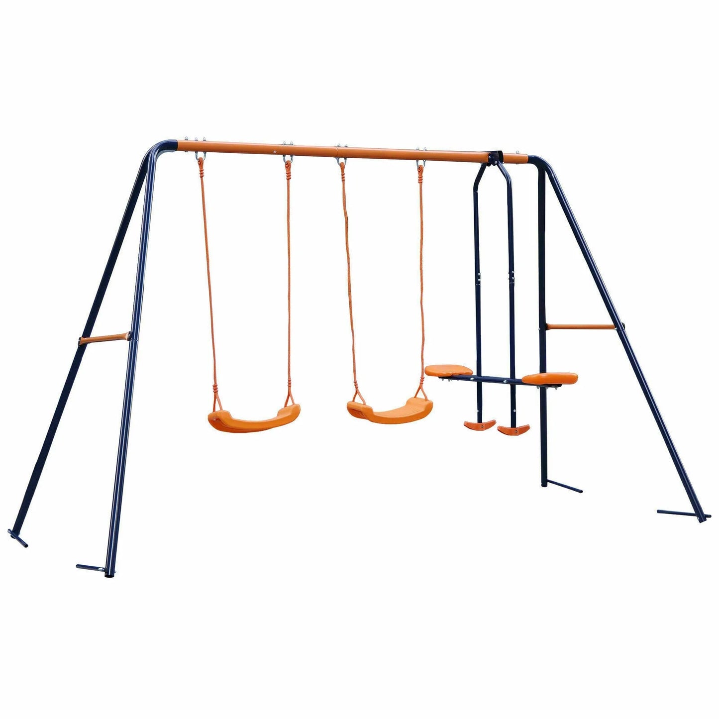 Zenstyle double metal swing set w/ 2 saucer swing seats, 1 seesaw for outdoor, backyard - kids toddler toy, all weather resistant