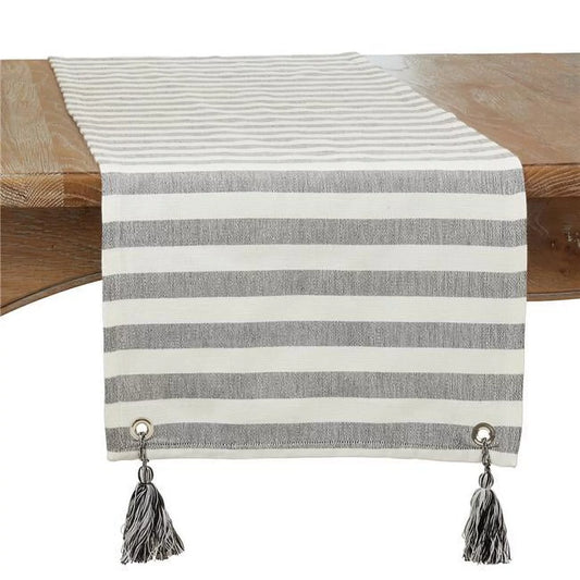 16 x 72 in. striped tassel oblong table runner, black & white