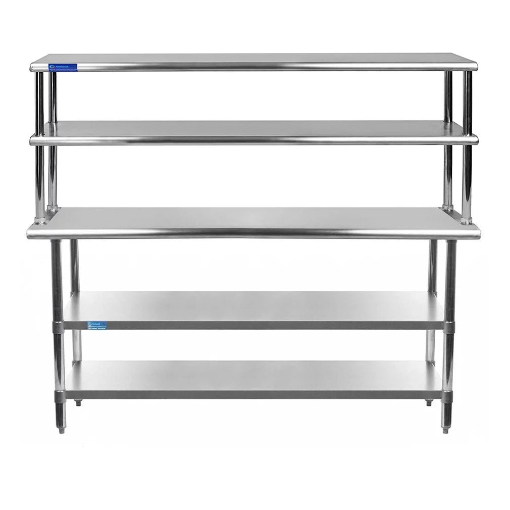 30" x 72" stainless steel work table with two shelves | 12" wide double tier overshelf | metal kitchen prep table & shelving combo