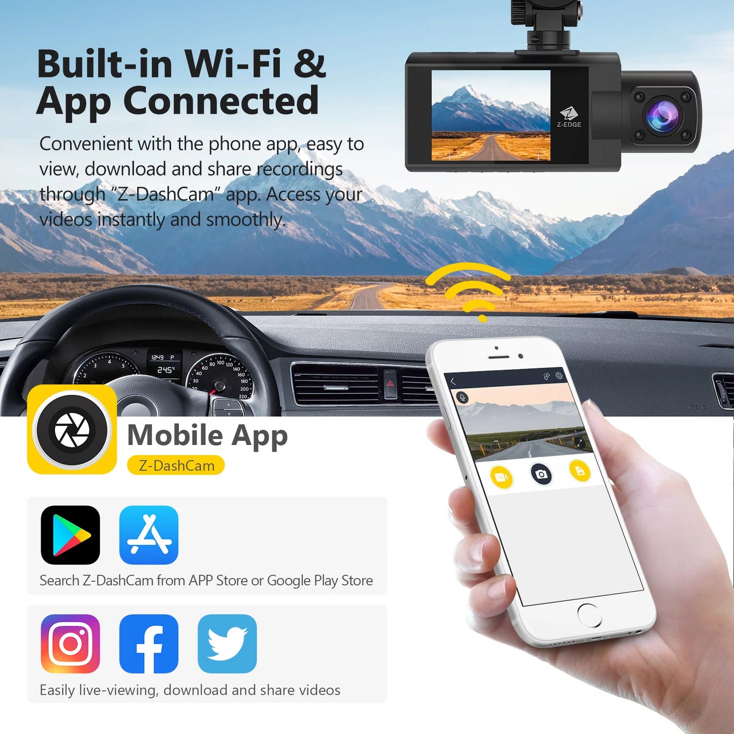 Wifi dash cam, z-edge new version z3pro 2k+1080p front and inside dual dash cam