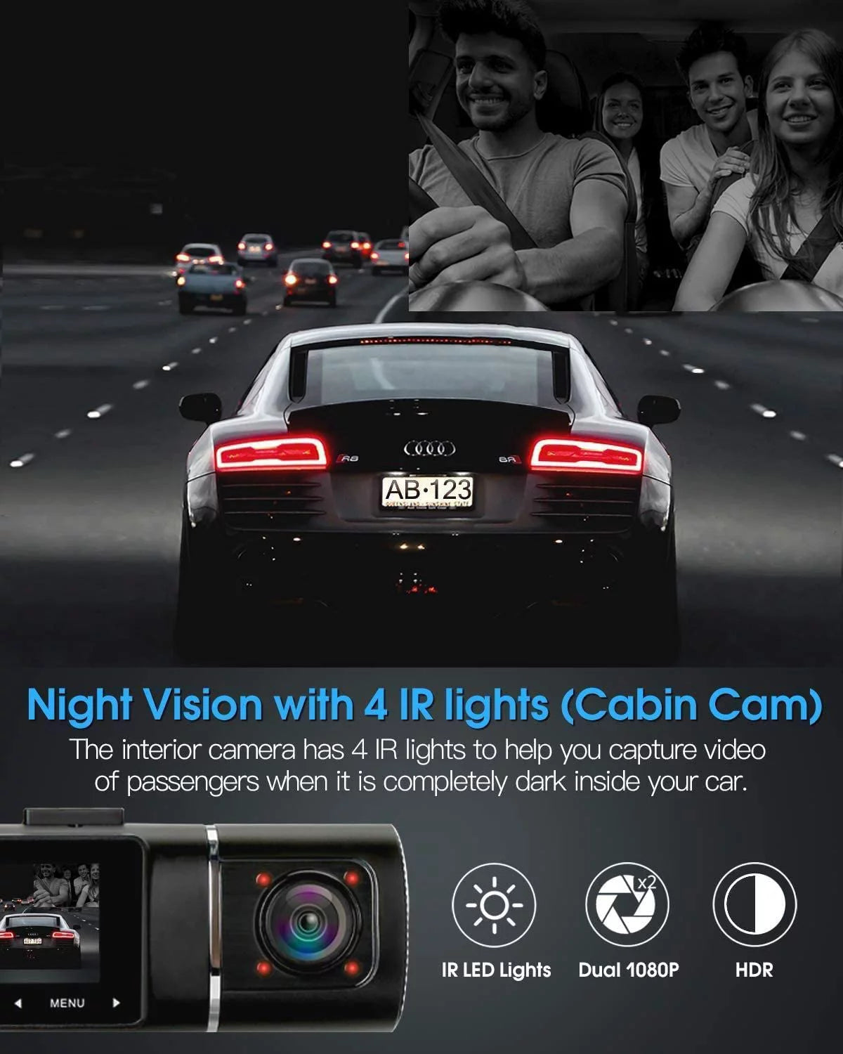 Abask j05 dashcam front and inside dual 1080p fhd - angle 170°/140° with night vision,parking mode,g-sensor,loop recording,wdr - with 32gb card