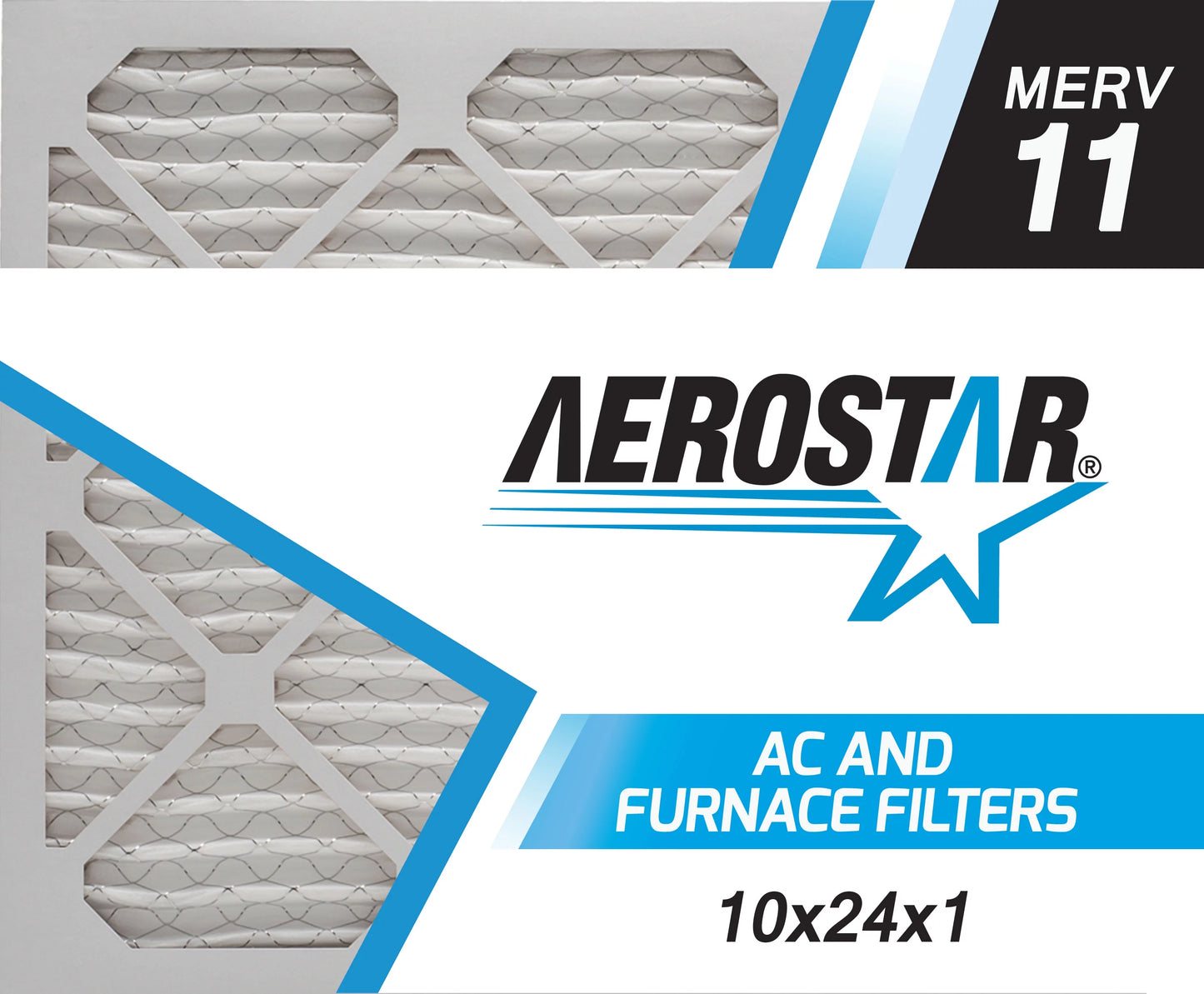 Aerostar 10x24x1 merv  11, pleated air filter, 10x24x1, box of 6, made in the usa