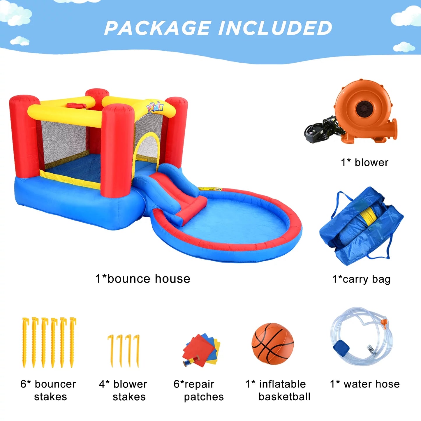 Valwix inflatable bounce house with blower for kids 3-5 years , bouncy castle waterslide & pool for wet dry combo, bouncer with repair kits, fun bounce area with basketball hoop