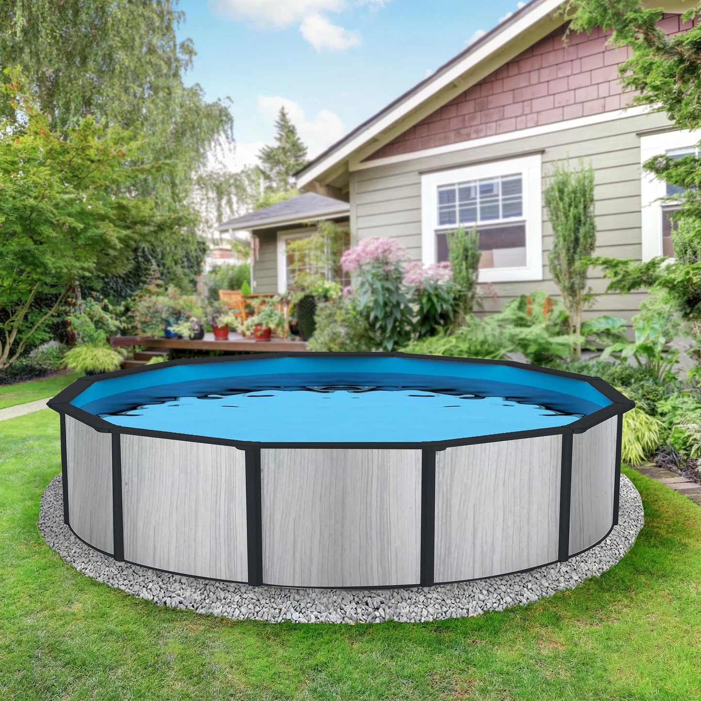 Blue wave savannah 18-ft round 52-in deep hybrid pool package with 8-in top rail