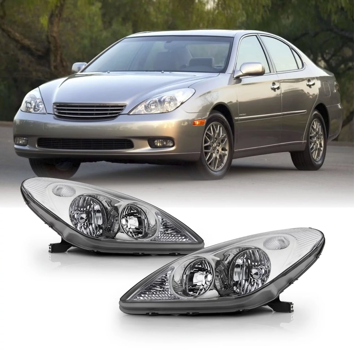 Akkon - for 2002 2003 2004 lexus es300 / es330 oe style chrome headlights pair housing replacement