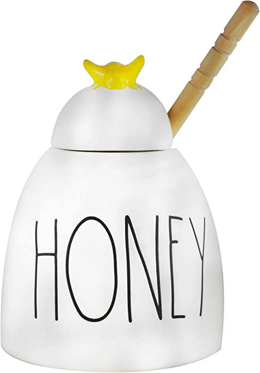 Rae dunn ceramic honey pot ivory with black ll letters yellow bee on lid and wooden dipper kitchen