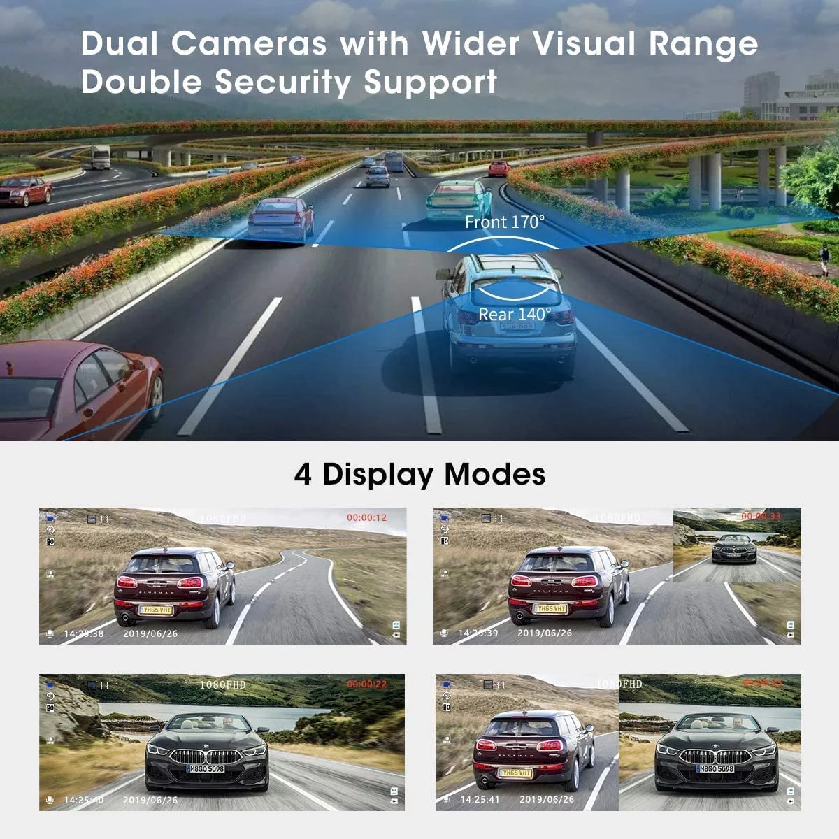 Abask q40s dashcam front and rear 1080p fhd - 170° wide angle - 4 inch screen - reverse parking assistance, g-sensor, loop recording, parking monitor, motion detection, wdr - with 32gb card