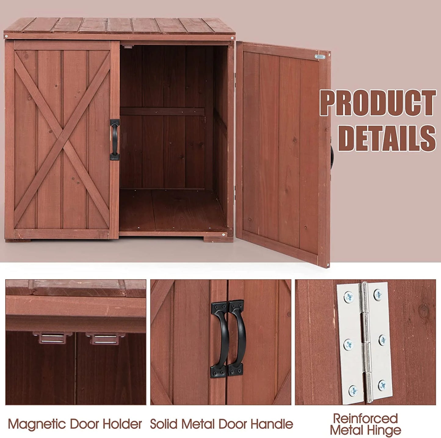 30" outdoor storage box, wooden storage deck box w/spacious inner space & countertop, tool storage cabinet for backyard garden porch, easy assembly, 30" x 22" x 28.5" (brown)