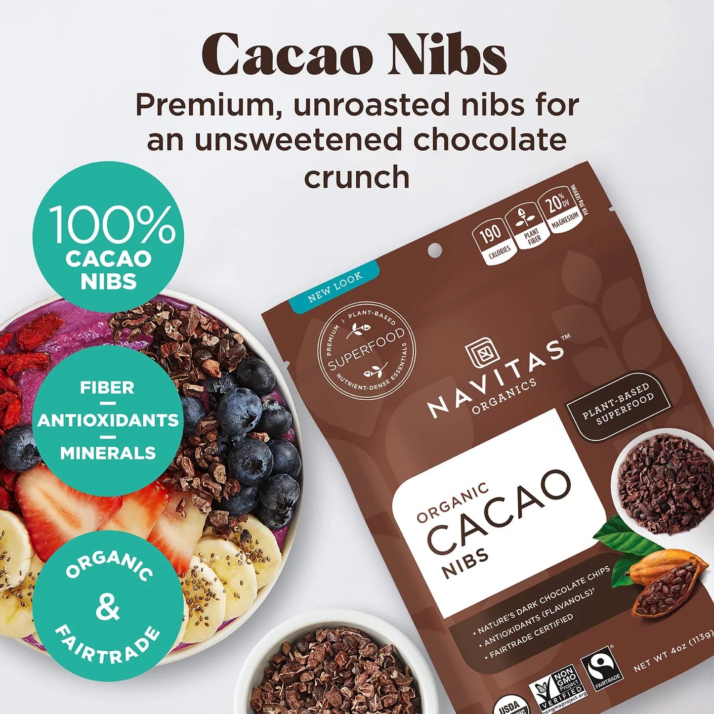 (pack of 1) navitas organics raw cacao nibs 8 oz. bag 8 servings organic non-gmo fair trade gluten-free