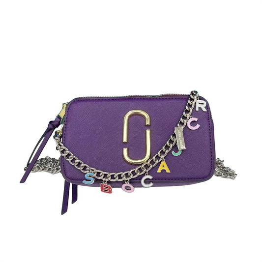 Women's purple leather cross body snapshot bag with logo chain strap