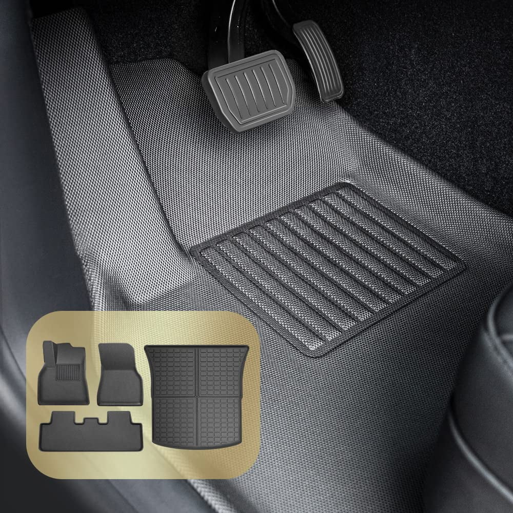 4pcs tesla model y floor mats custom fit for model y 2023-2021, all weather tpe 3d heavy duty floor mats, rear trunk mat floor liners car interior accessories mats