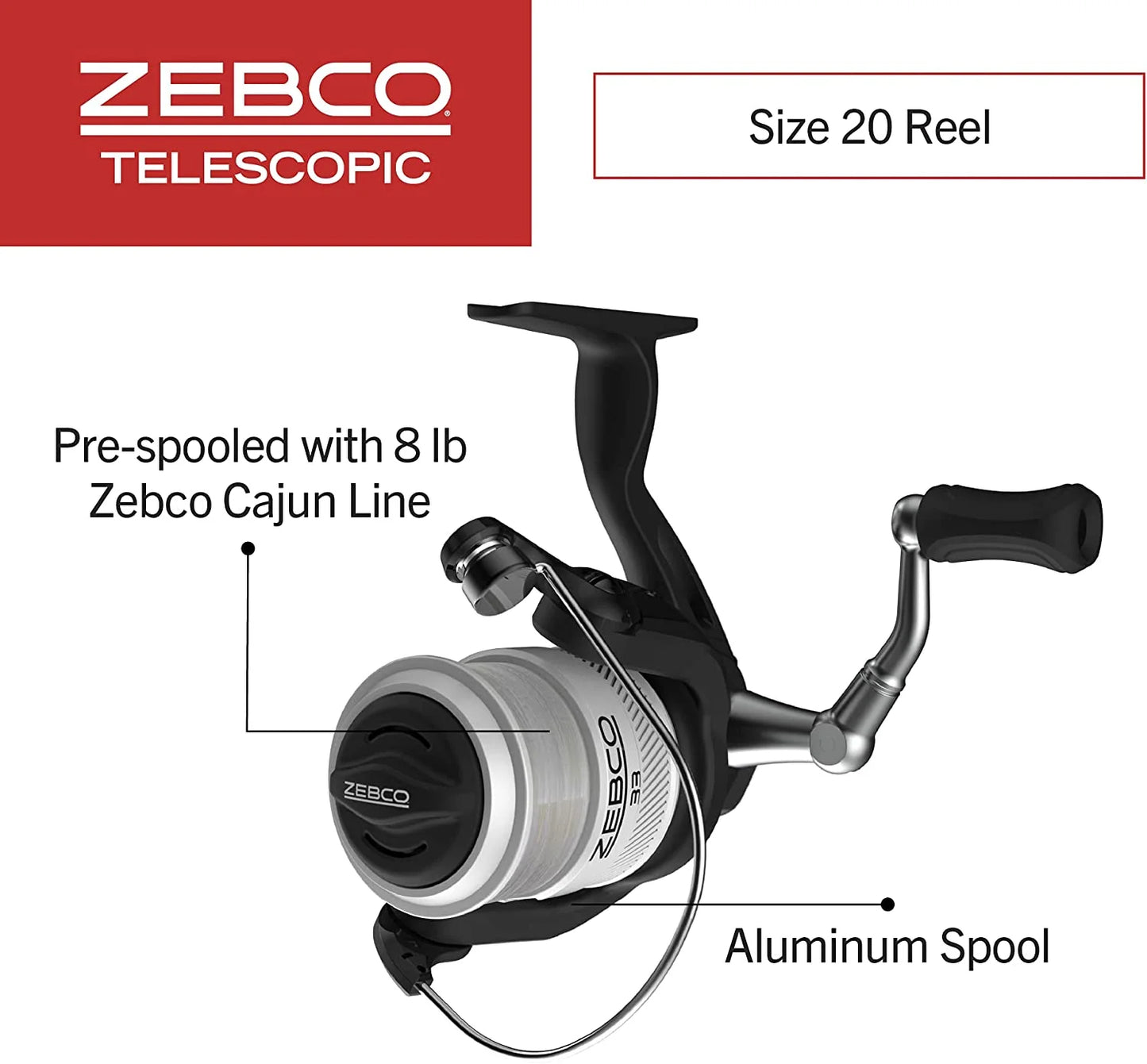 Zebco 33 spinning reel and telescopic fishing rod combo, 6-foot rod, size 30 reel, silver/black