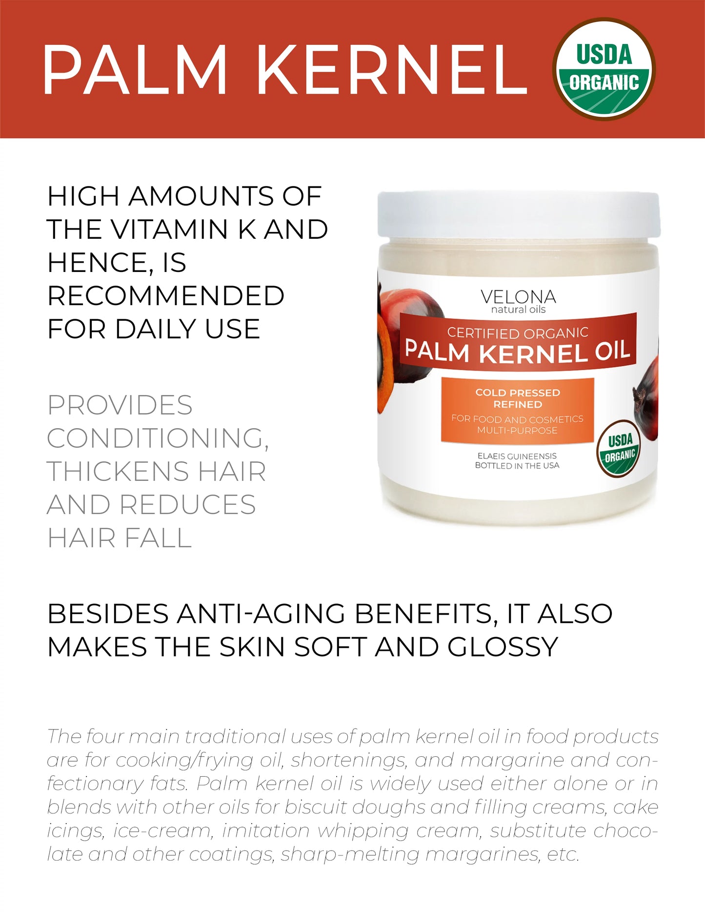 Velona usda certified organic palm kernel oil - 112 oz | 100% pure and natural carrier oil | refined, cold pressed | face, hair, body & skin care | use today - enjoy results