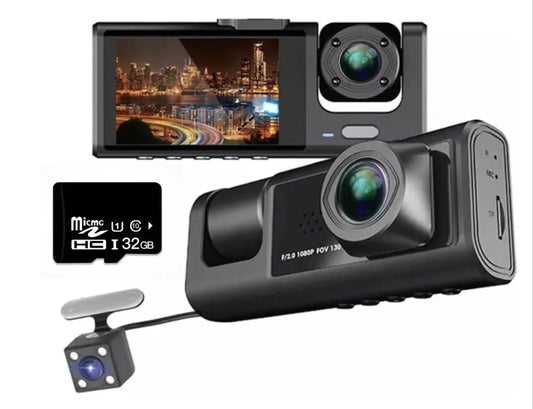 3 channel dash cam, 2-inch screen driving recorder, high-definition 1080p, night vision, loop recording, motion detection, g-sensor +32 gb sd card