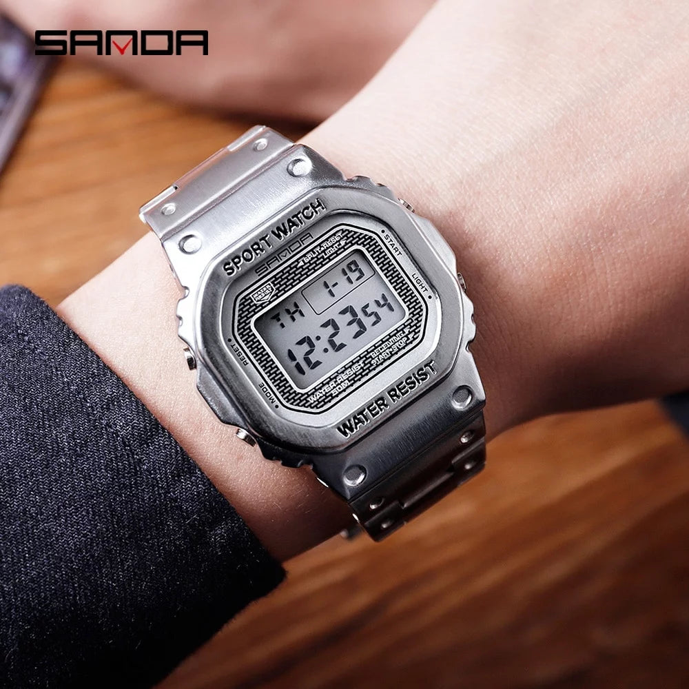 Sanda top brand luxury men&#39;s watches led digital watch men 5atm casual waterproof wristwatch steel clock relogio masculino 390 - digital wristwatches