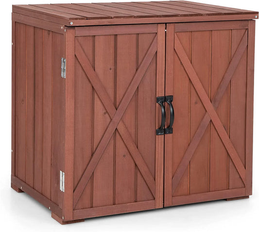 30" outdoor storage box, wooden storage deck box w/spacious inner space & countertop, tool storage cabinet for backyard garden porch, easy assembly, 30" x 22" x 28.5" (brown)