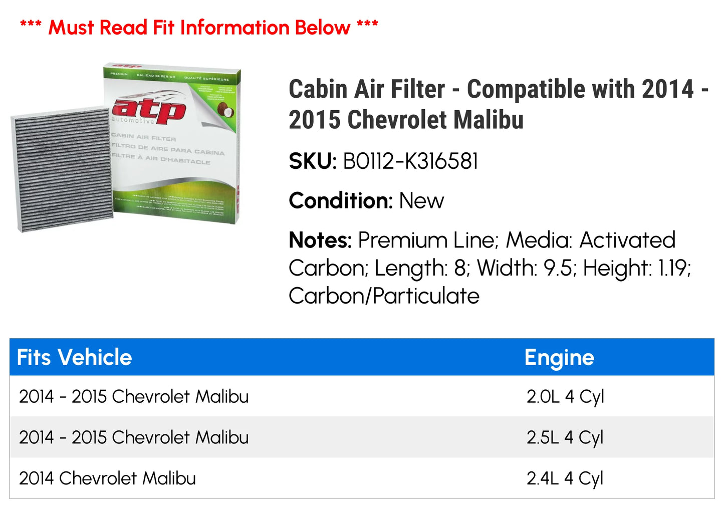 Cabin air filter - compatible with 2014 - 2015 chevy malibu