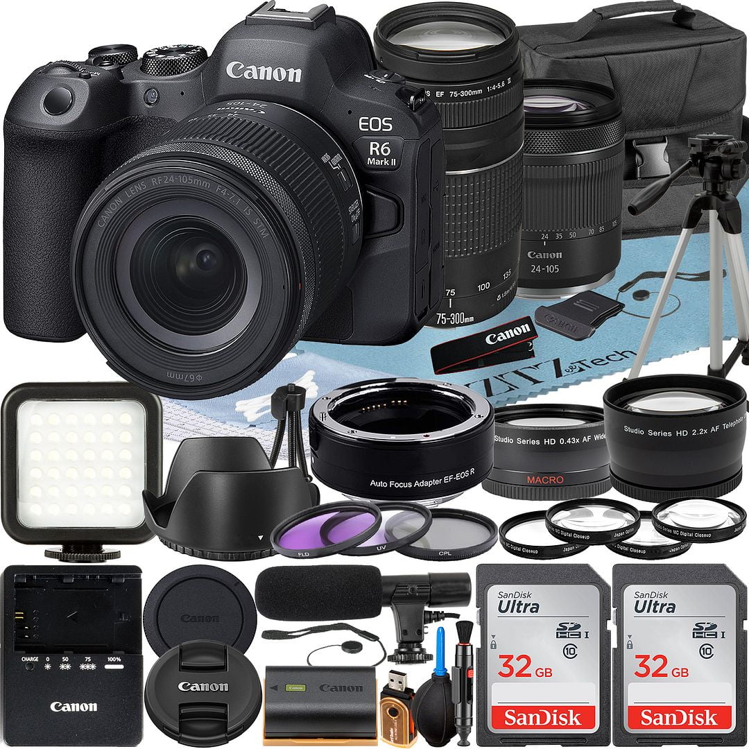 Canon eos r6 mark ii mirrorless camera with rf 24-105mm lens + ef 75-300mm + mount adapter + 2 pack sandisk 32gb memory card + led flash + case + zeetech accessory