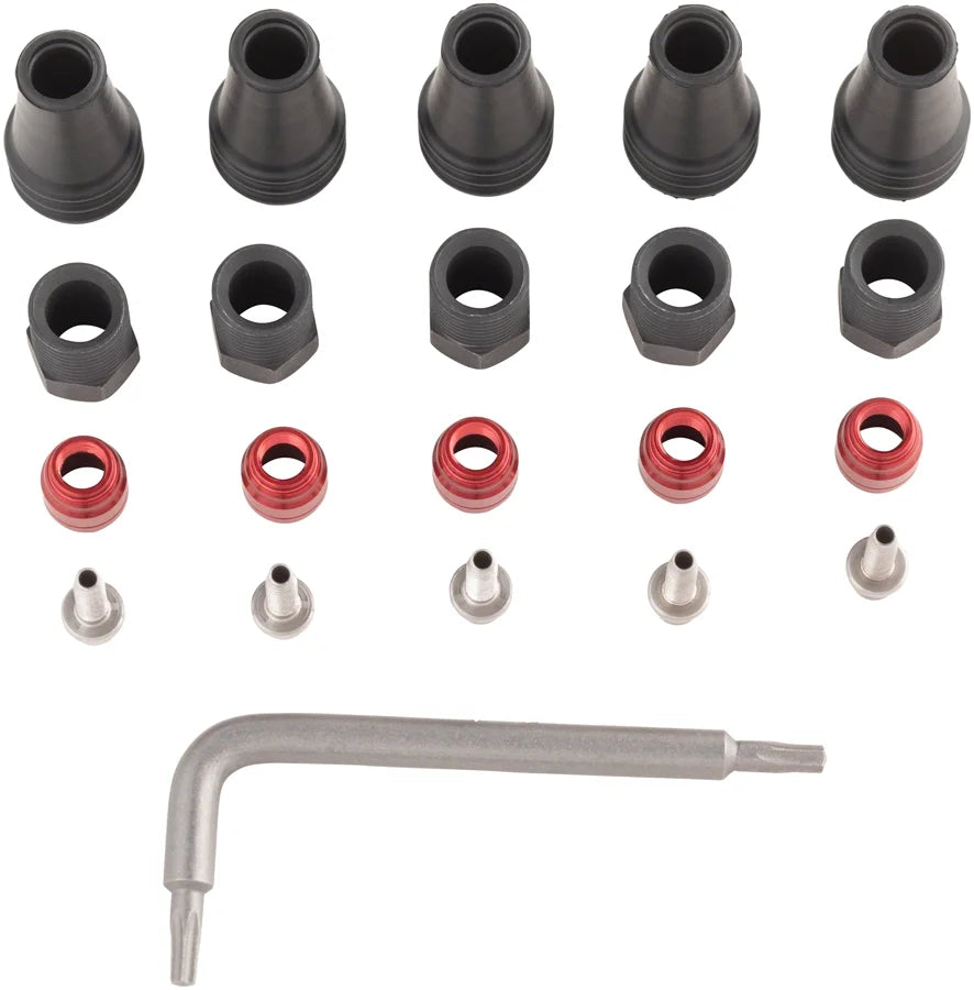 Sram red/force axs 2-pc disc brake hose fitting kit - 5 threaded hose barbs, 5 compression nuts, 5 boots, red comp