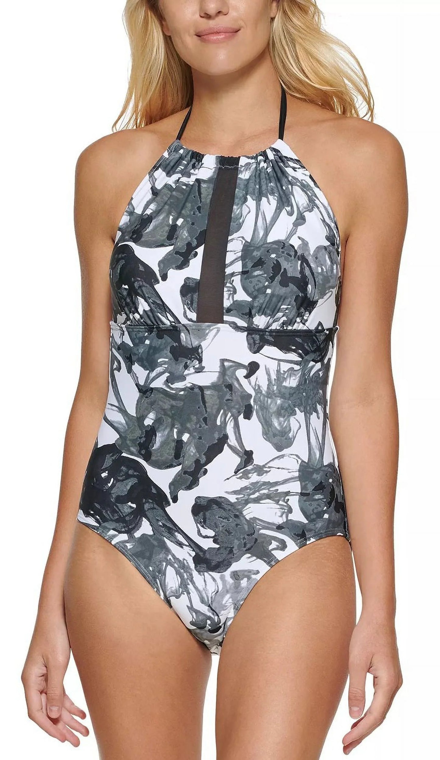 Calvin klein ink smoke black multi high-neck halter one-piece swimsuit, us 16