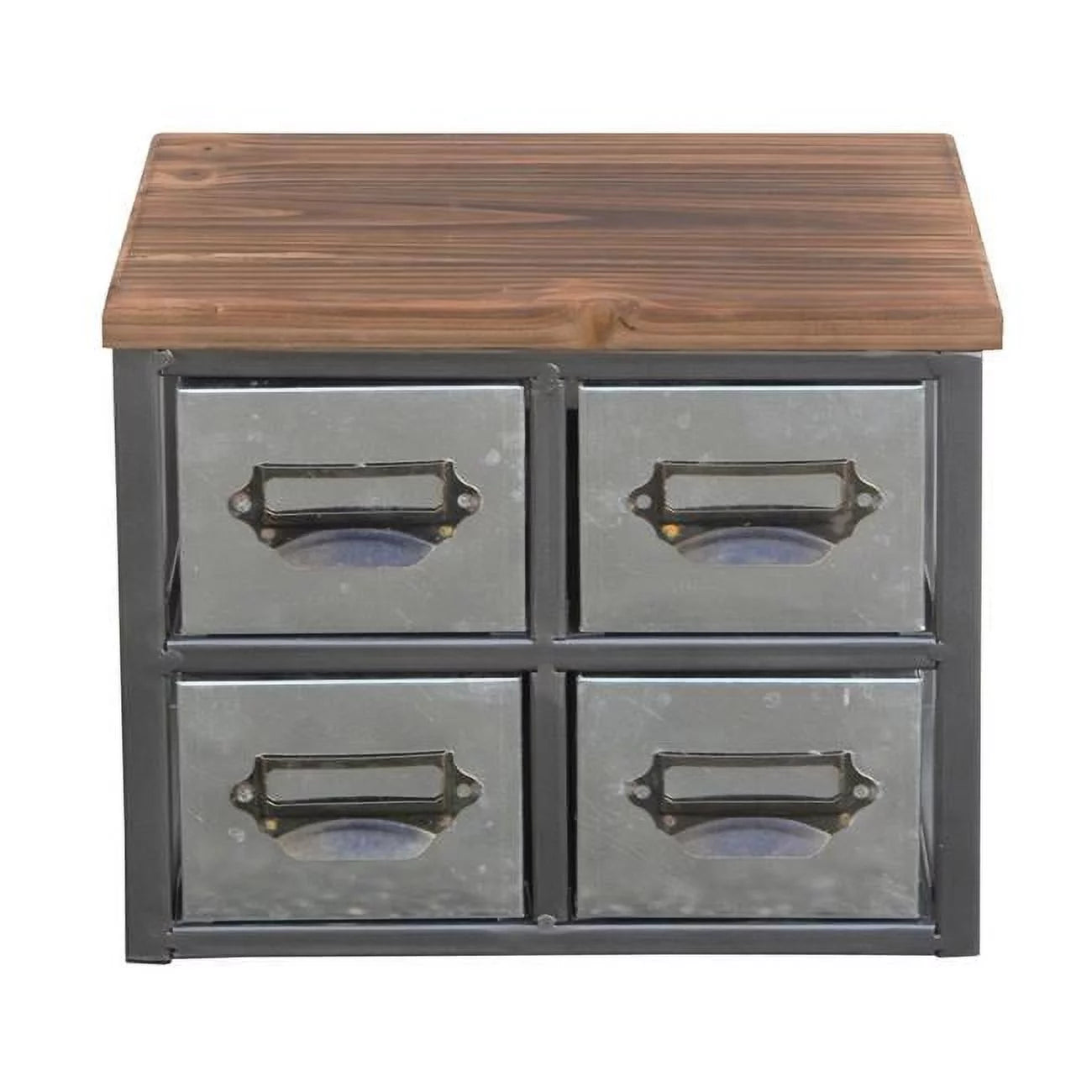 Short galvanized 4 drawer vertical organizer with label scoop handle - metal frame & wood top