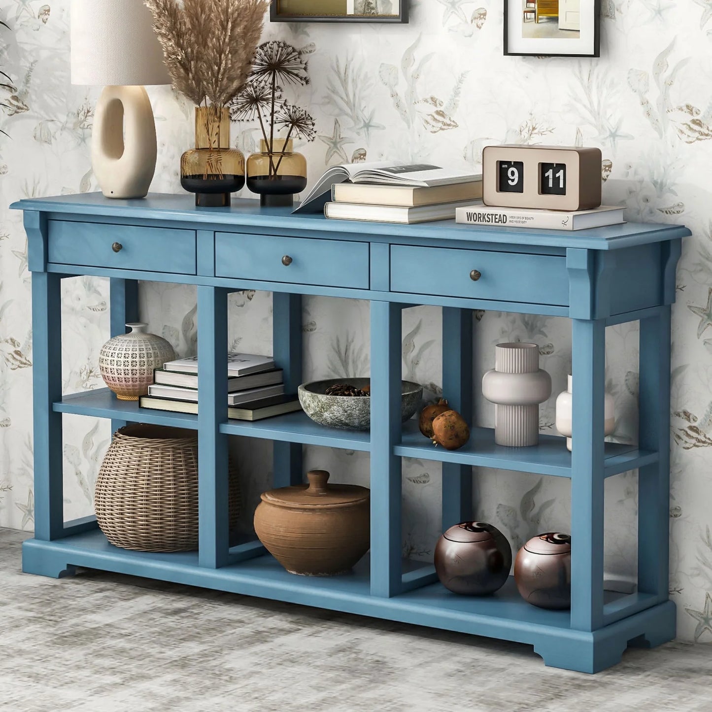 Trexm retro console table/sideboard with ample storage  open shelves and drawers for living room (navy  old sku  wf298765aam)