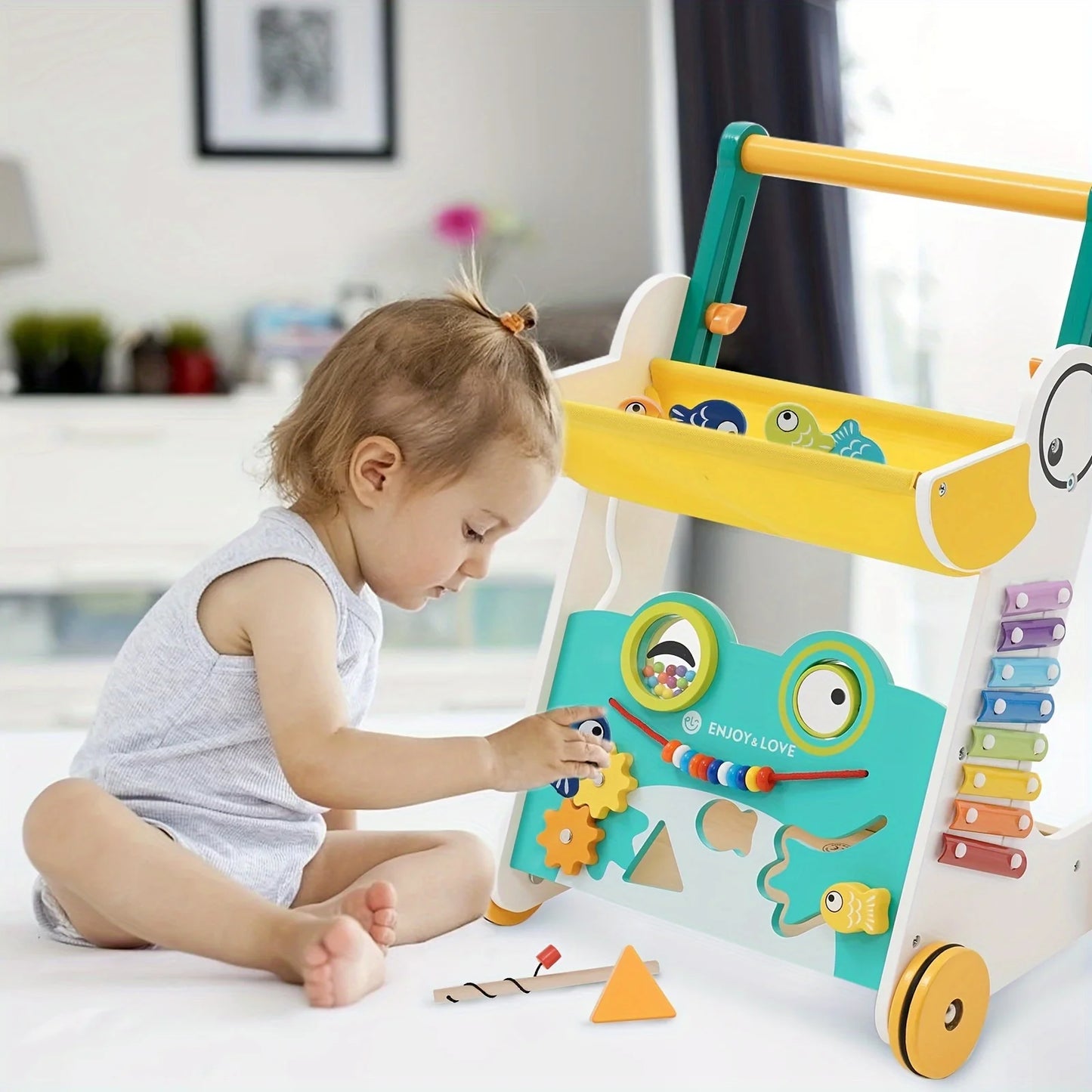 Wooden baby walker sit-to-stand learning baby push walker kids activity center toddler push along trolley with fishing toy shape sorter xylophone multiple entertainment for boys girls infants