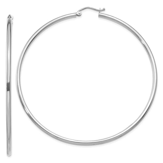 Real 14kt white gold polished 2mm tube hoop earrings; for adults and teens; for women and men