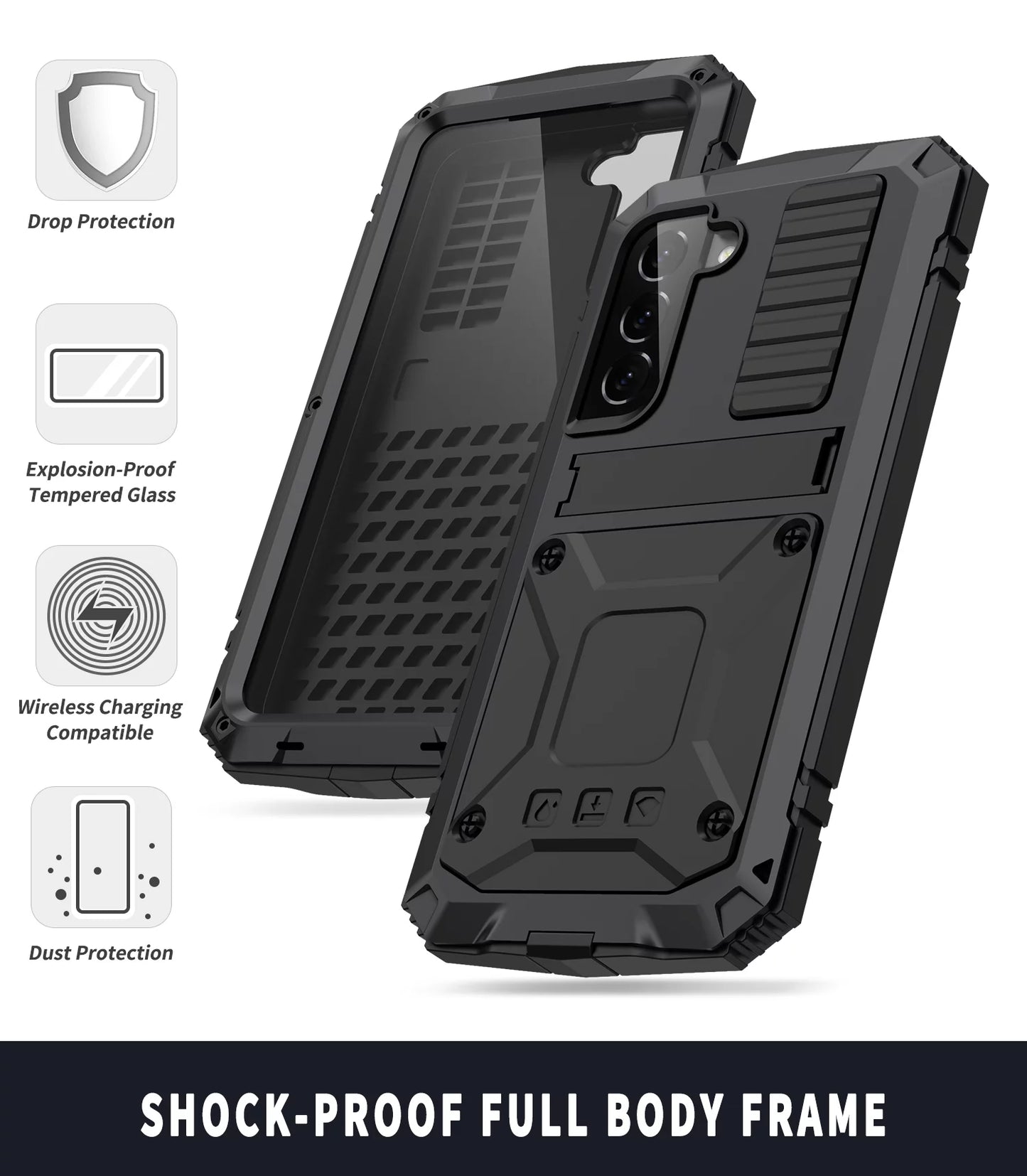 Casetego for samsung galaxy s22 plus case,built in kickstand heavy duty military grade rugged shockproof protective cover,black