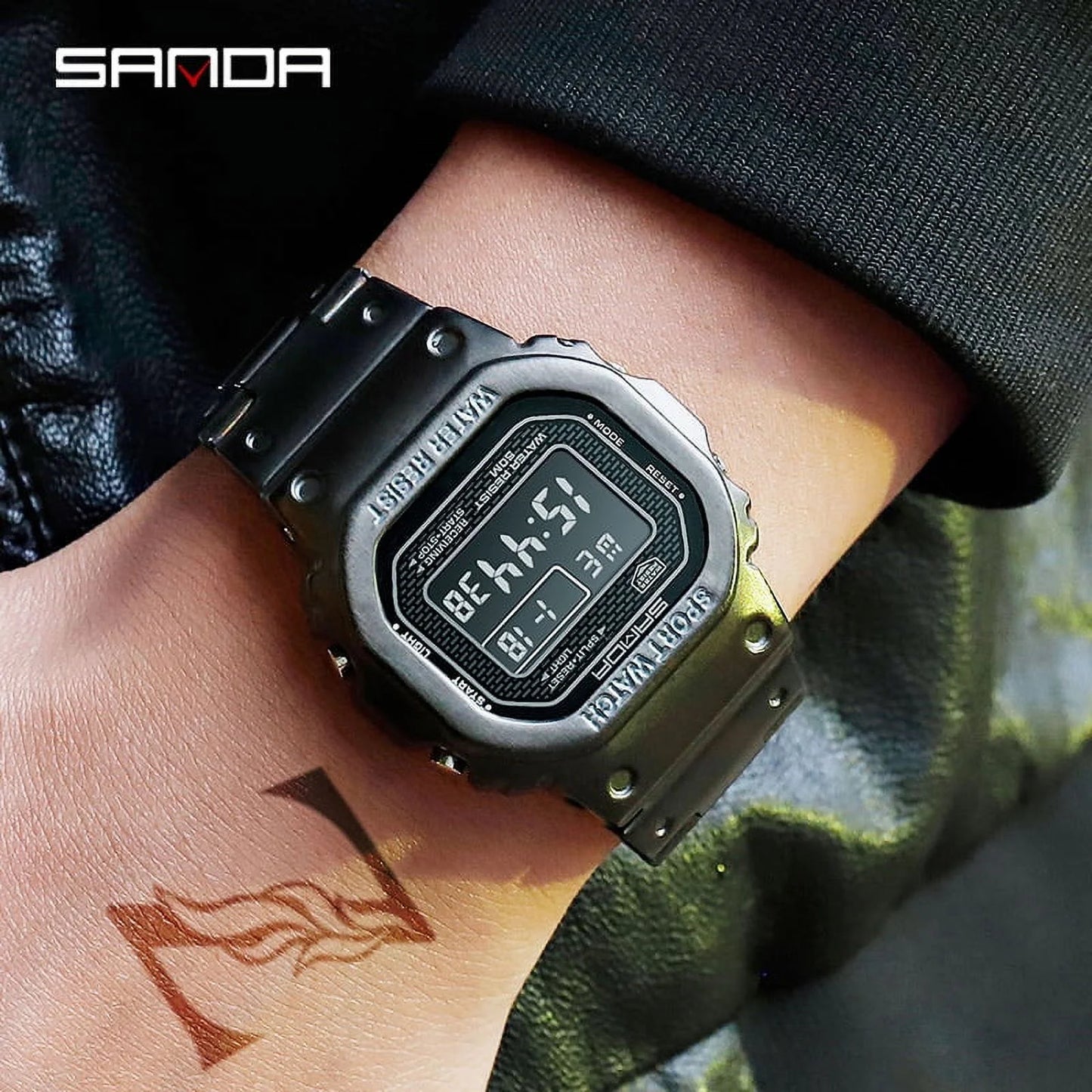 Sanda top brand luxury men&#39;s watches led digital watch men 5atm casual waterproof wristwatch steel clock relogio masculino 390 - digital wristwatches