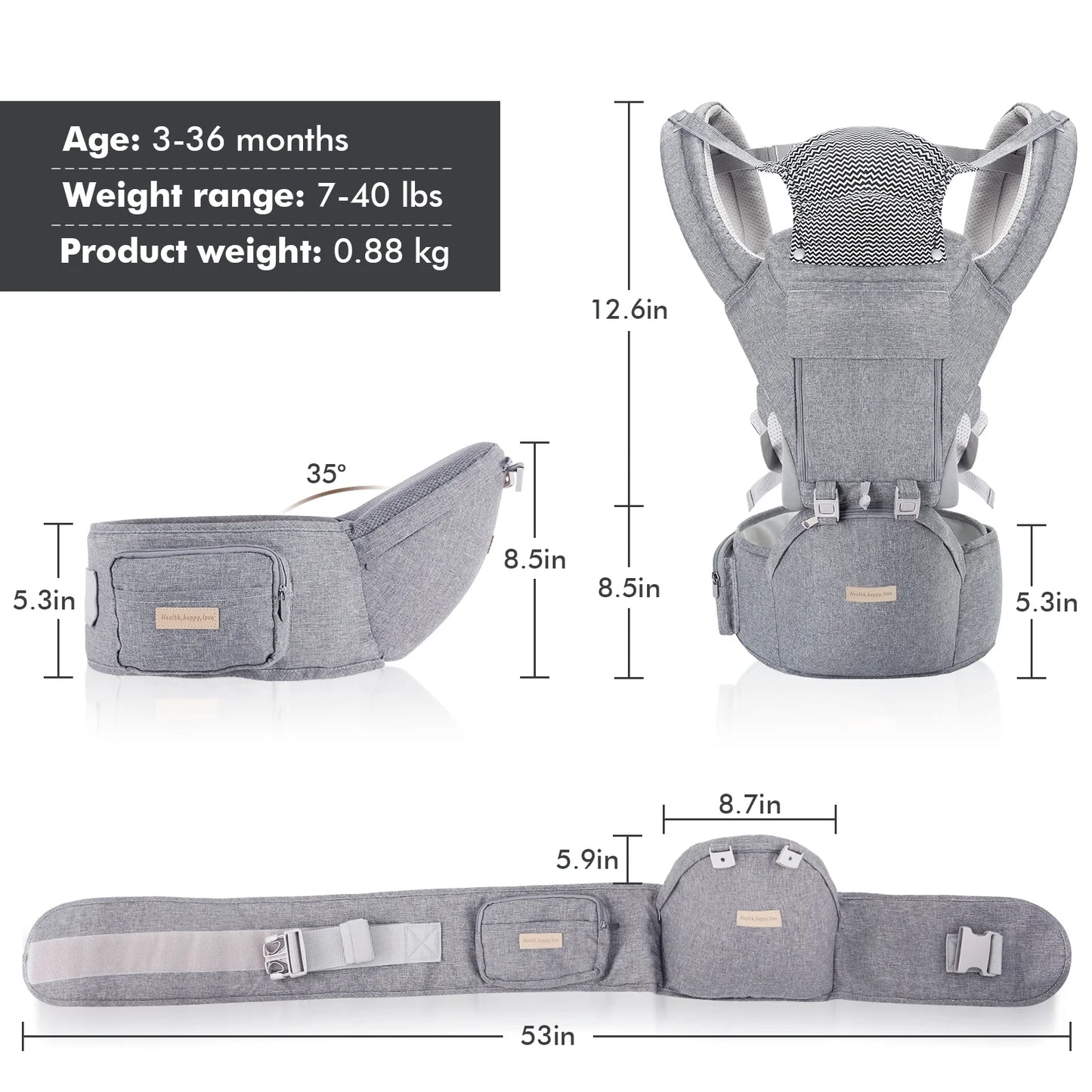 Baby carrier newborn to toddler 9-in-1 toddler carrier with hip seat lumbar support all seasons & positions perfect for hiking shopping travelling 3-36 months 7-40lbs grey 1.95 pound