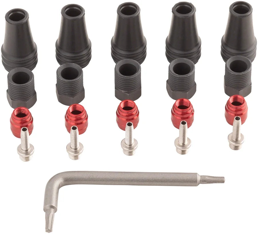 Sram red/force axs 2-pc disc brake hose fitting kit - 5 threaded hose barbs, 5 compression nuts, 5 boots, red comp