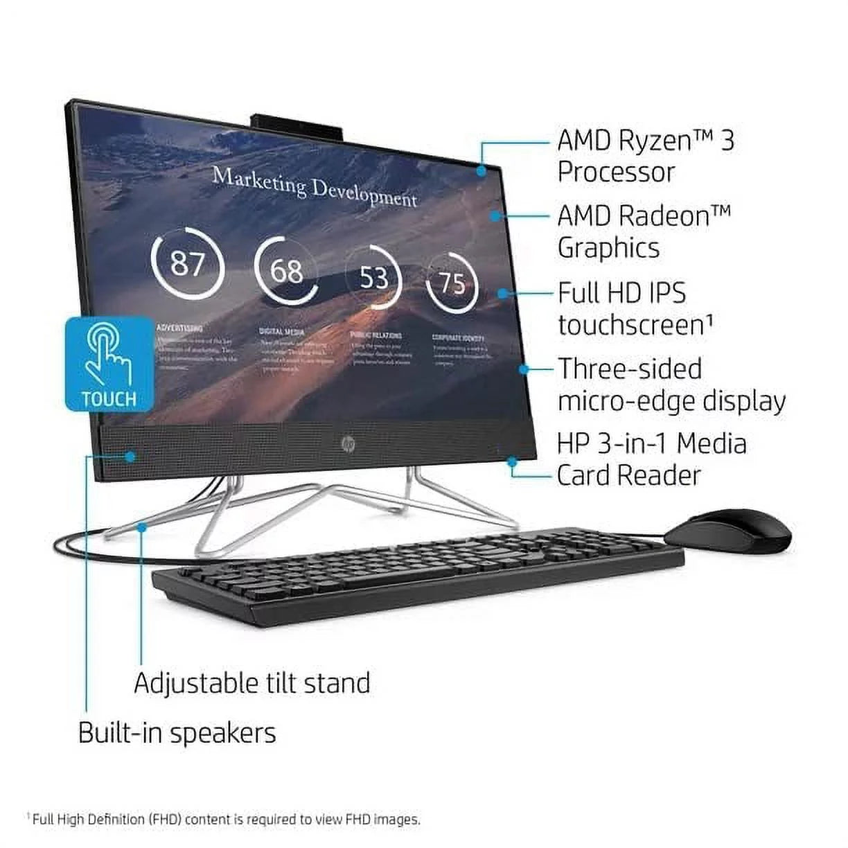 2022 newest hp all-in-one desktop, 22" fhd touch screen, amd ryzen 3 3250u, 12gb ram, 512gb ssd, webcam, dvd-rw, hdmi, rj-45, usb wired keyboard&mouse, wifi, windows 11 home, black