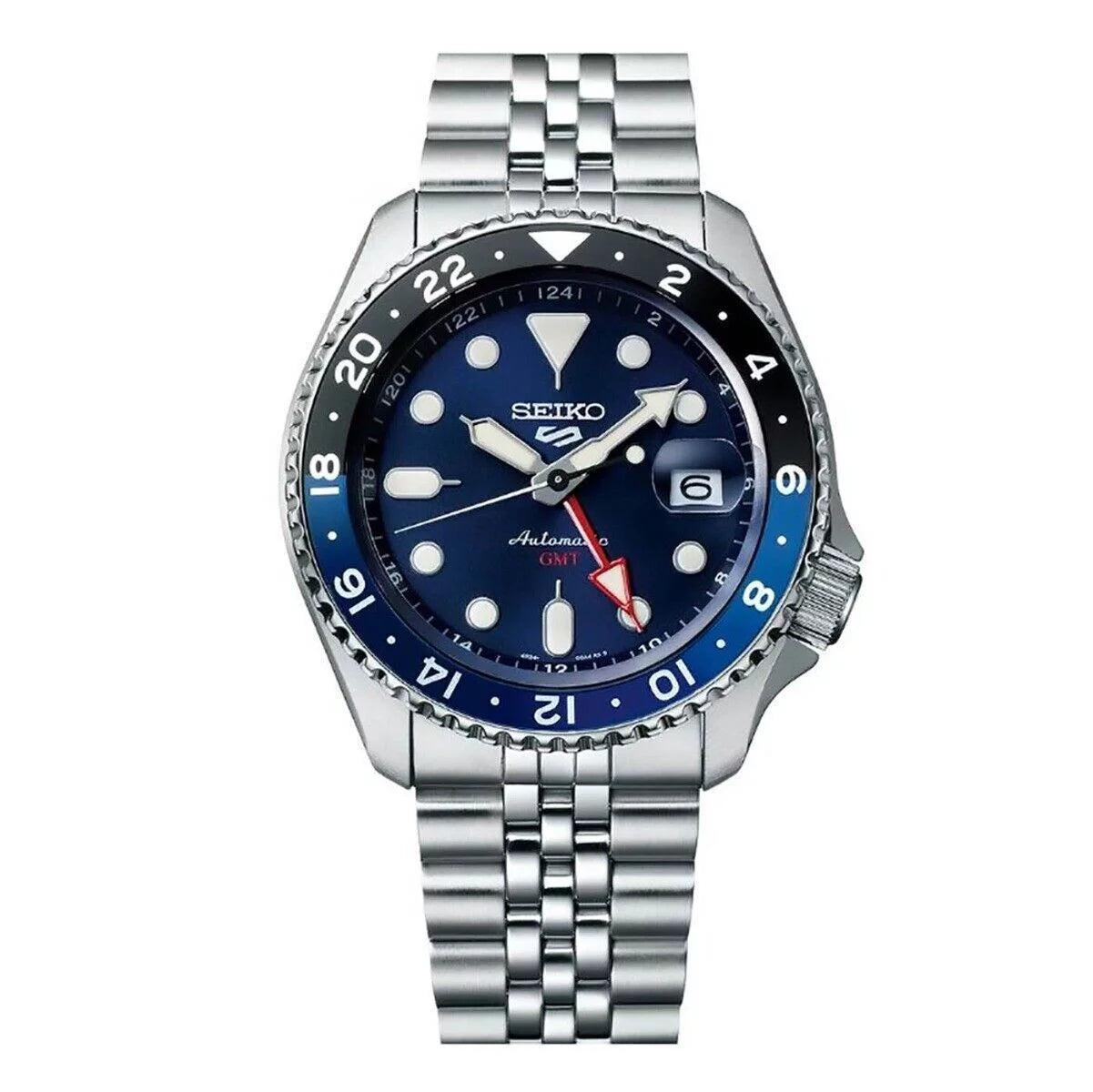 Seiko 5 watch gmt black and blue bezel