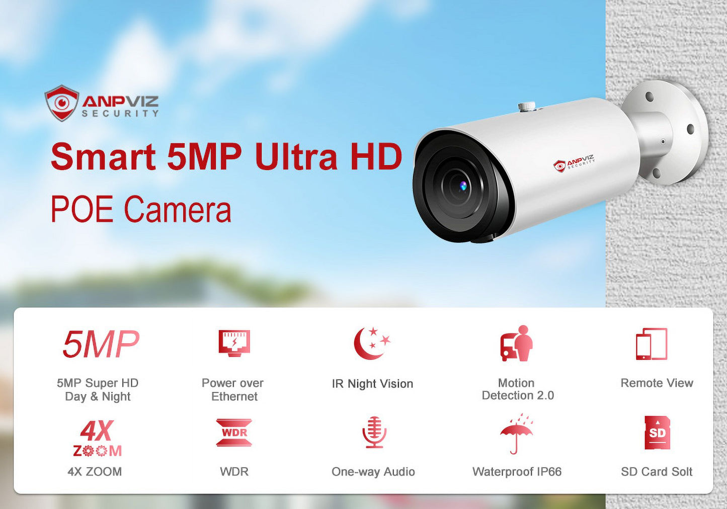 Anpviz 5mp bullet camera 4x zoom camera support human vehicle detection 30m ir distance built in mic h.265 ip66