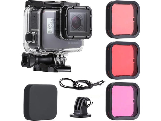 45m underwater waterproof dive housing case with 3-pack dive filters for gopro hero 5 6 7 black hero (2018) - include backdoor, quick release buckle, thumb screw, tripod adapter, lens cap