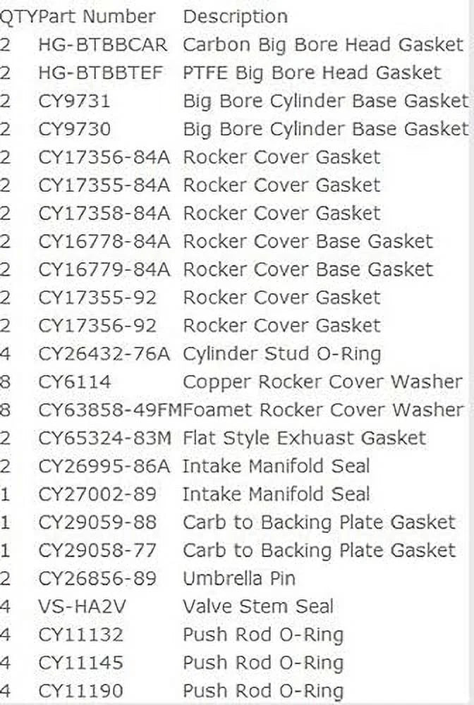 Upper or top end gasket set compatible with 1984-91 harley evo 1340 big bore w/teflon & carbon head gaskets