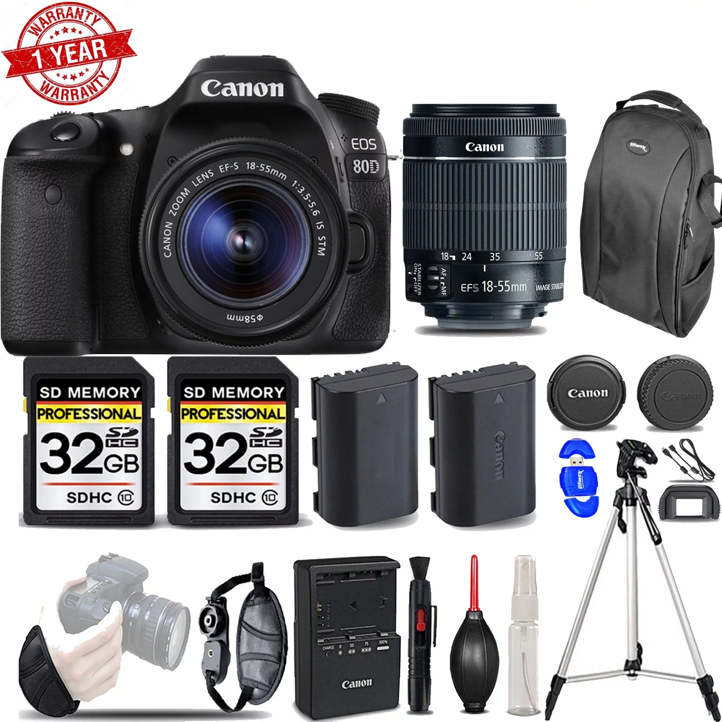 Canon eos 80d dslr camera with 18-55mm stm lens | wrist grip | ext battery -64gb kit