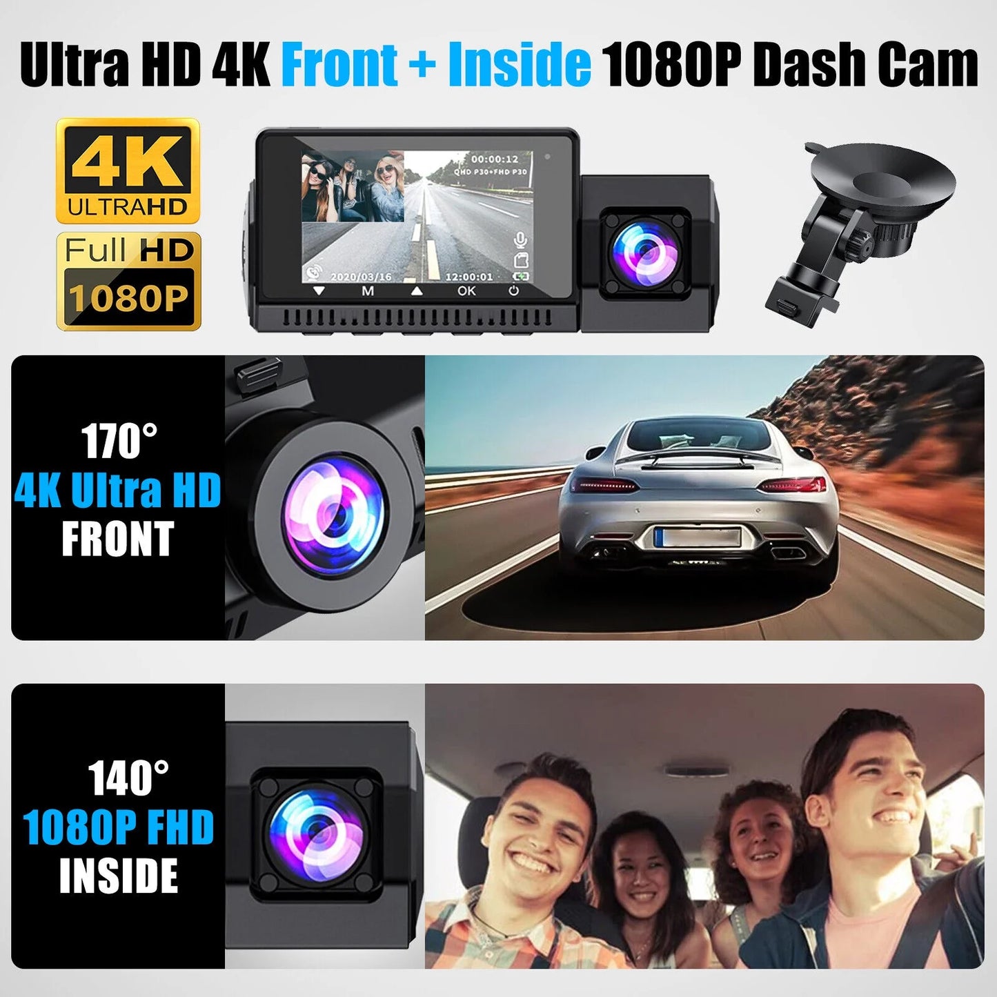 4k uhd 1080p dual dash cam front inside gps car dvr recorder camera night vision