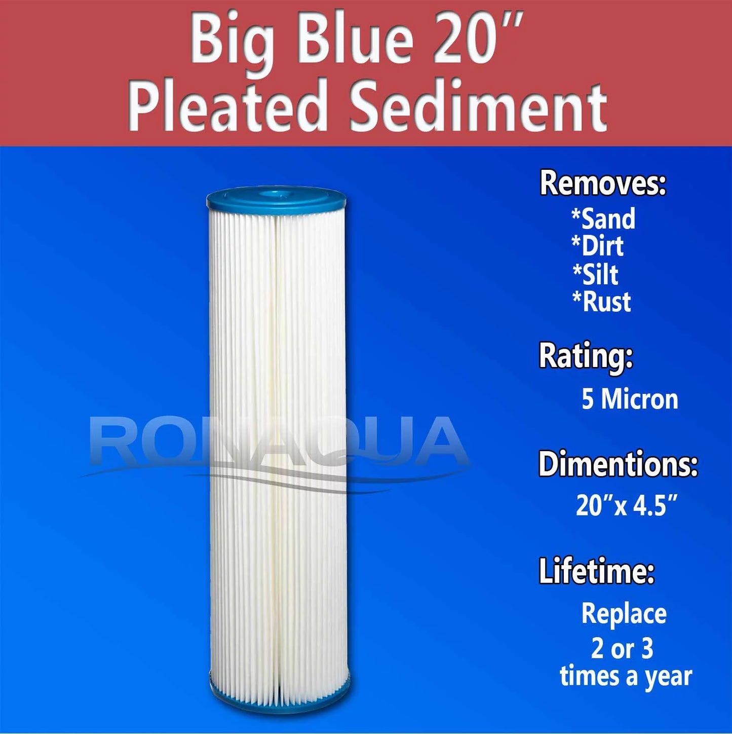 Big blue pleated washable & reusable sediment filter 5 micron amplified surface area, removes sand, dirt, silt, rust, extended filter life for 20" big blue housing, by ronaqua (set of 6)