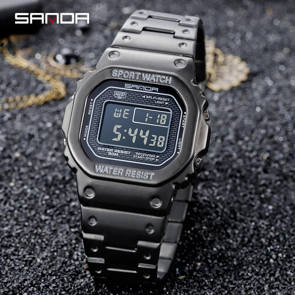 Sanda top brand luxury men&#39;s watches led digital watch men 5atm casual waterproof wristwatch steel clock relogio masculino 390 - digital wristwatches