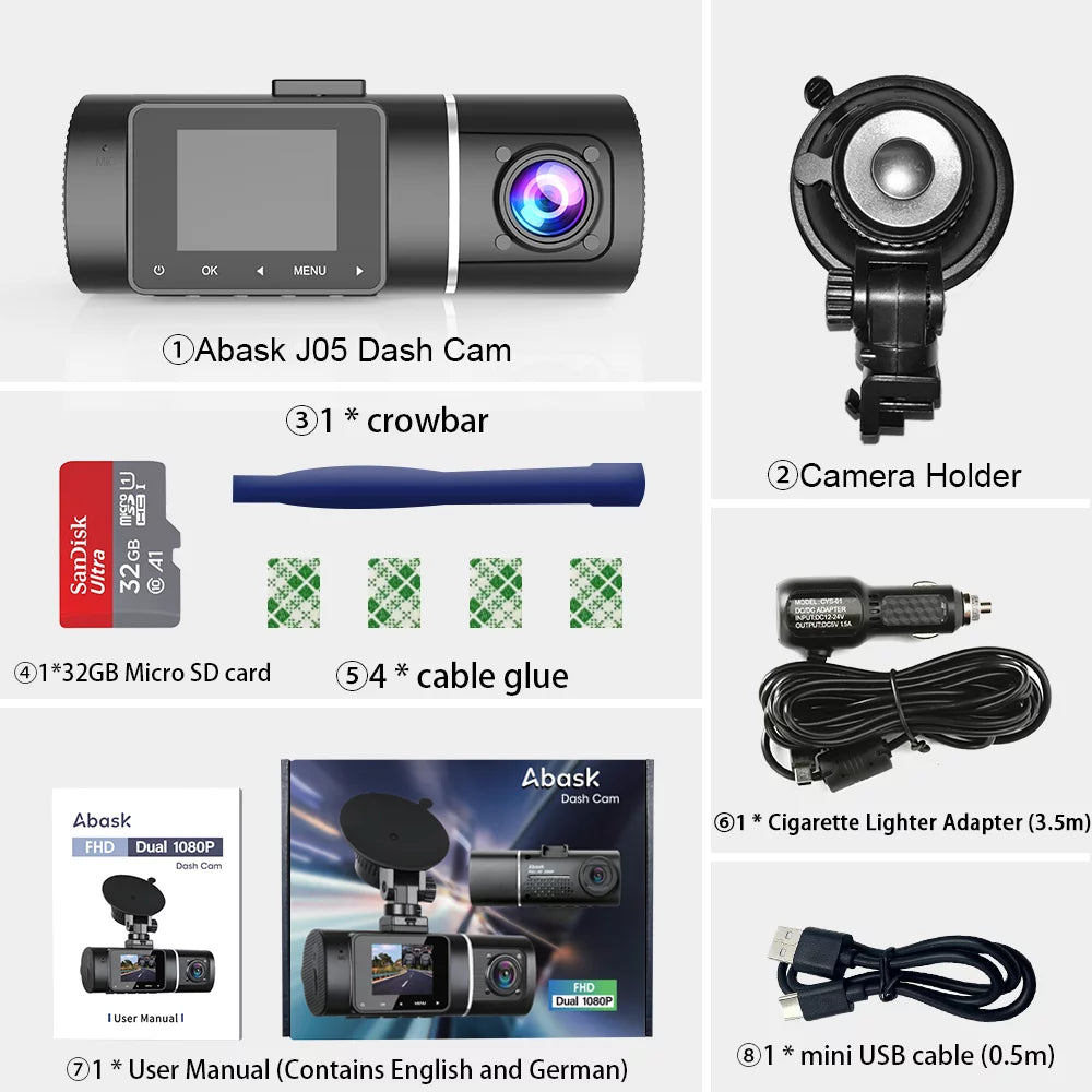 Abask j05 dashcam front and inside dual 1080p fhd - angle 170°/140° with night vision,parking mode,g-sensor,loop recording,wdr - with 32gb card