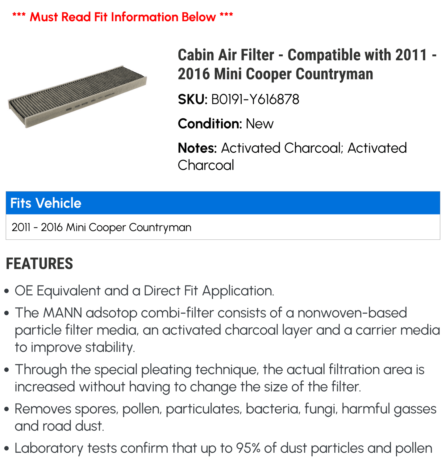 Cabin air filter - compatible with 2011 - 2016 mini cooper countryman 2012 2013 2014 2015