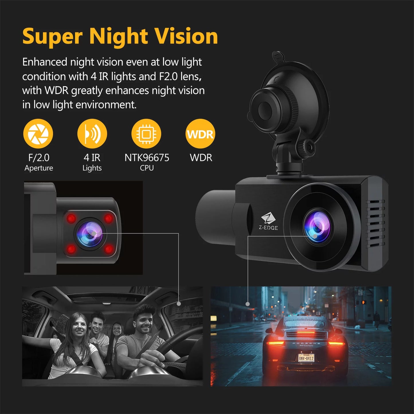 Wifi dash cam, z-edge new version z3pro 2k+1080p front and inside dual dash cam